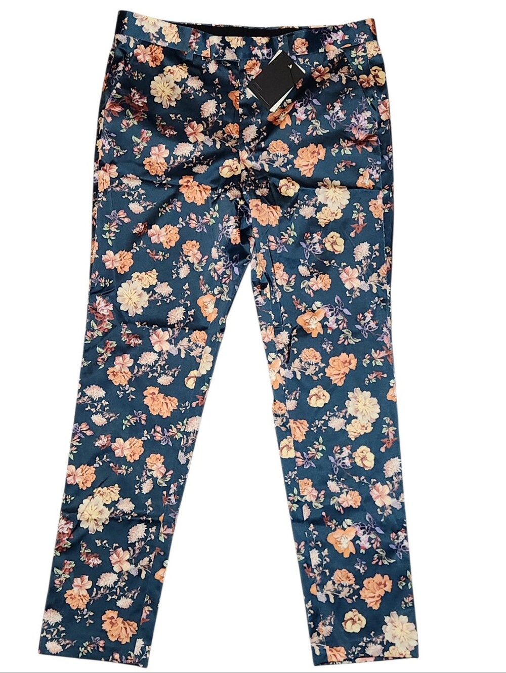 ASOS Design Men's 34x32 Vintage Floral Print Slim Fit Pant Blue Navy Satin Sheen